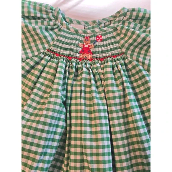 Konffetty Kids Smocked Gingham Dress Gingerbread Embroidery 4T Green Christmas - Picture 2 of 5